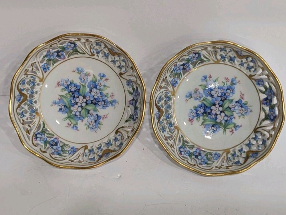 Schumann Bavaria Forget Me Not Pierced Reticulated Bowls Pair IBF&G Toronto